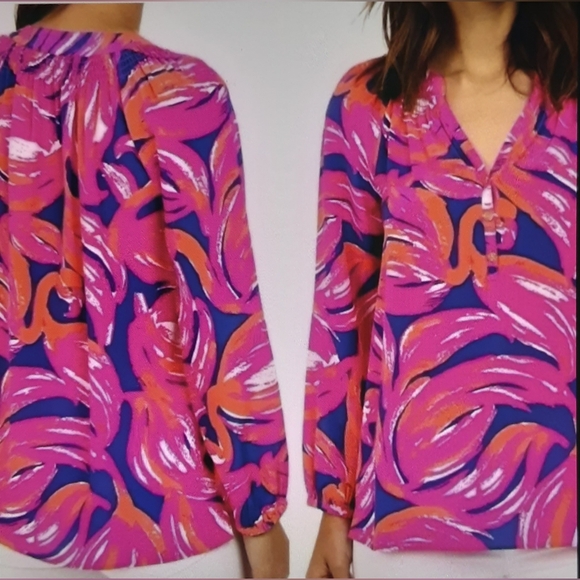 LILLY PULITZER ELSA Bomber Blue Plume Bloom Pink Orange silk top NWOT - Picture 2 of 13